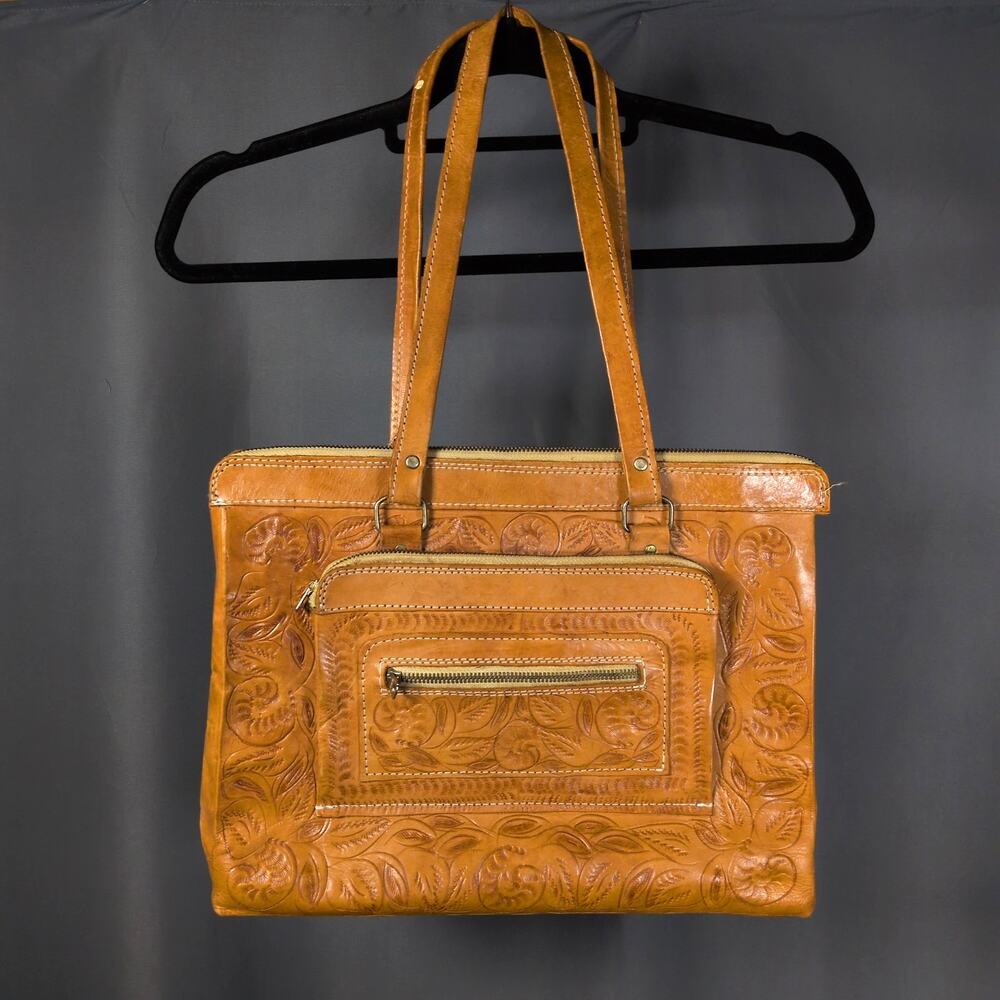 Vintage Tan Tooled Leather Dual Strap Shoulder Bag Floral Embossed Western Boho